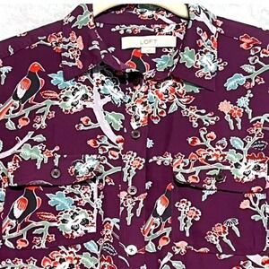 LOFT Womens Shirt Size Small Plum Floral Bird Print Long Sleeve Button Down